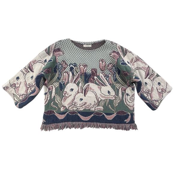 LP Solution Other - Vtg Sweater Tapestry XXL Bunny Rabbit Art Style Pullover Fringe LP Solutions